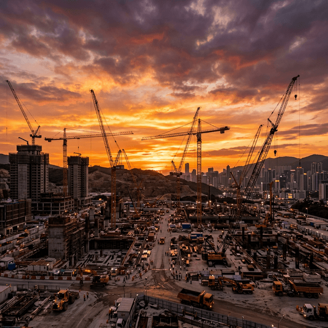 Construction site at sunset with cranes