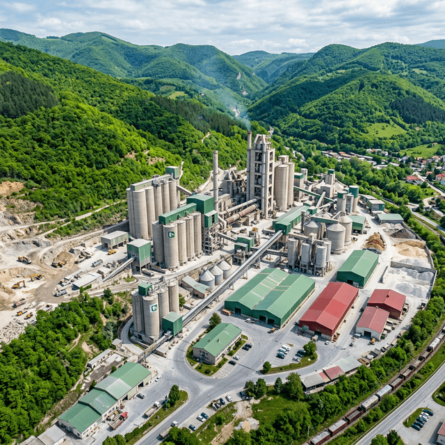 Aerial view of cement factory with green mountains